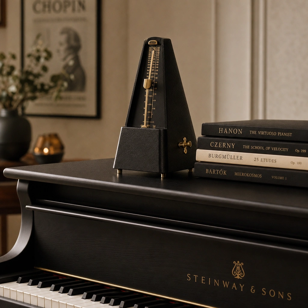 Metronome and piano books representing structured music education for children