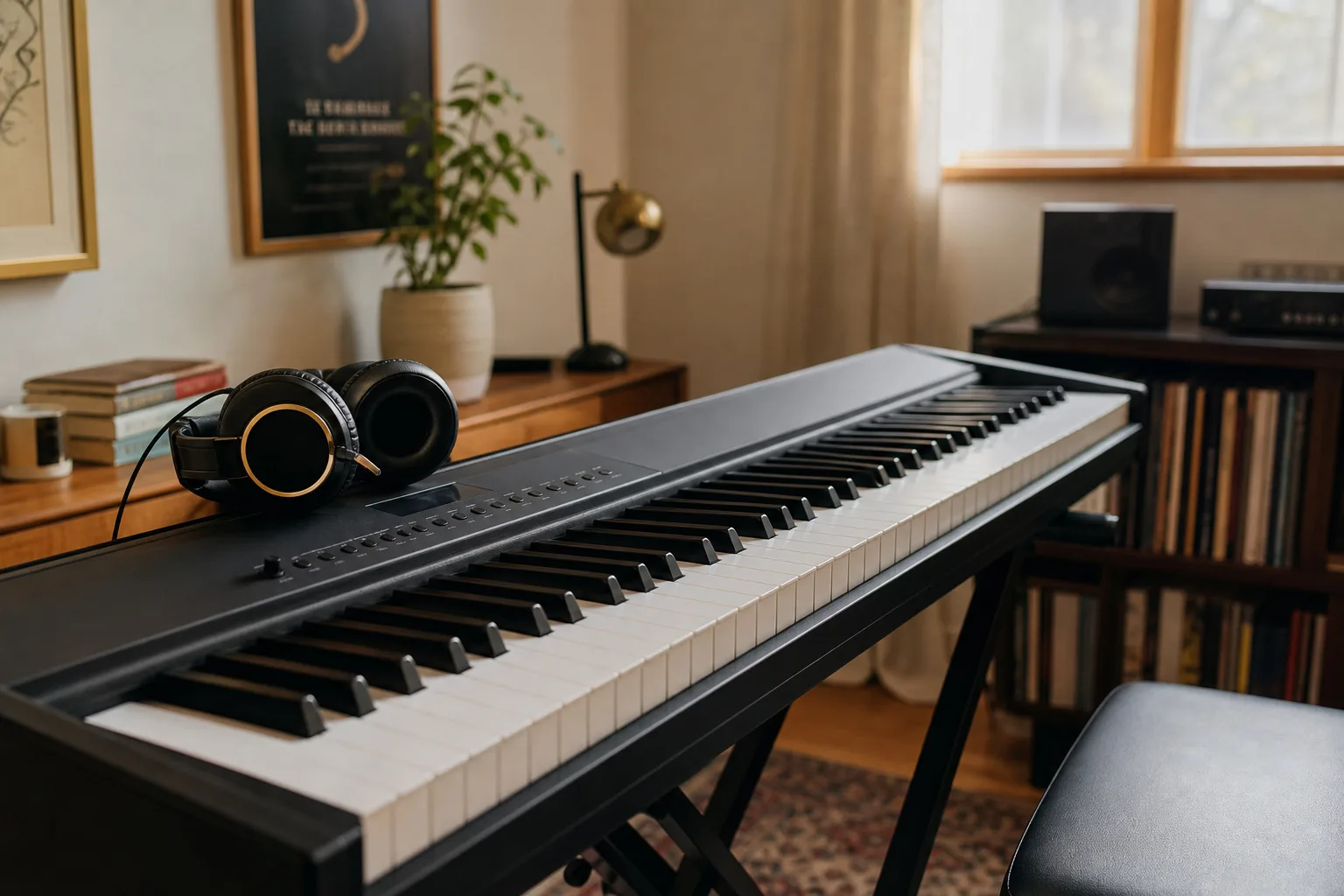 Weighted keys on a digital piano with headphones resting on top, a quality choice for digital piano buying guide beginners