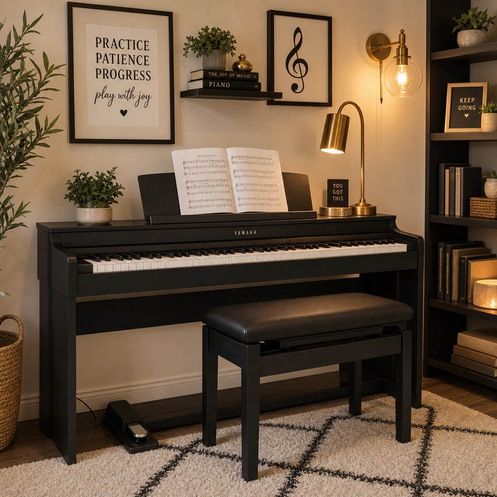 Complete digital piano setup with bench and pedal in an inviting practice space for beginner pianists