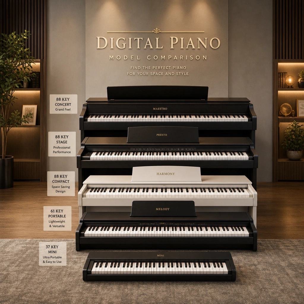 Comparison of different digital piano models at various price points for beginner piano students