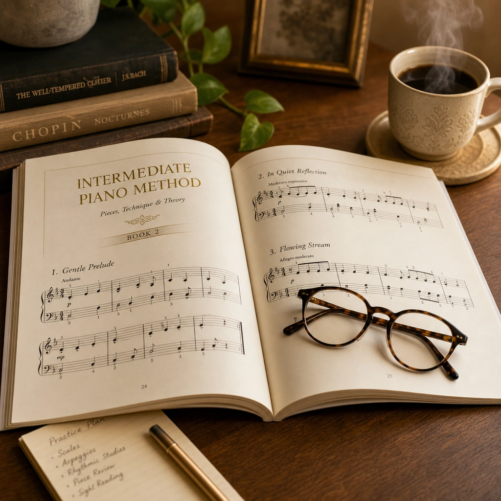 Piano method book and coffee showing the journey of getting back into piano as an adult