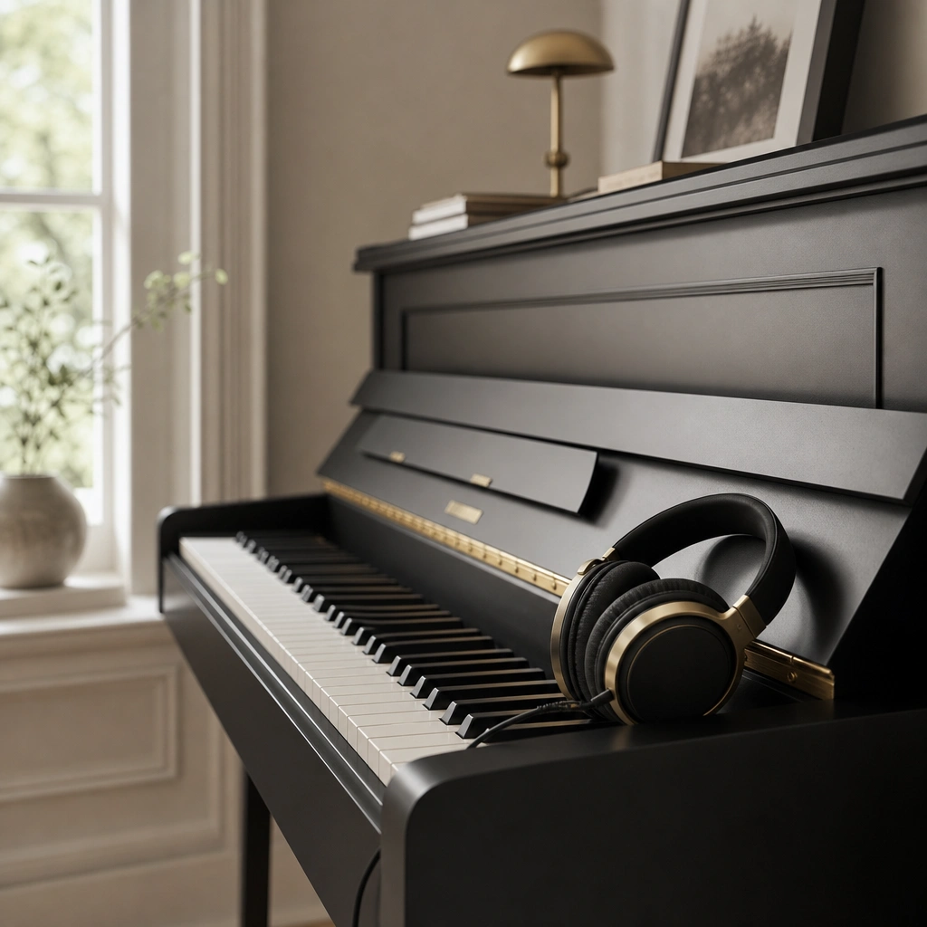 Piano keyboard with headphones showing adult piano practice setup for returning players