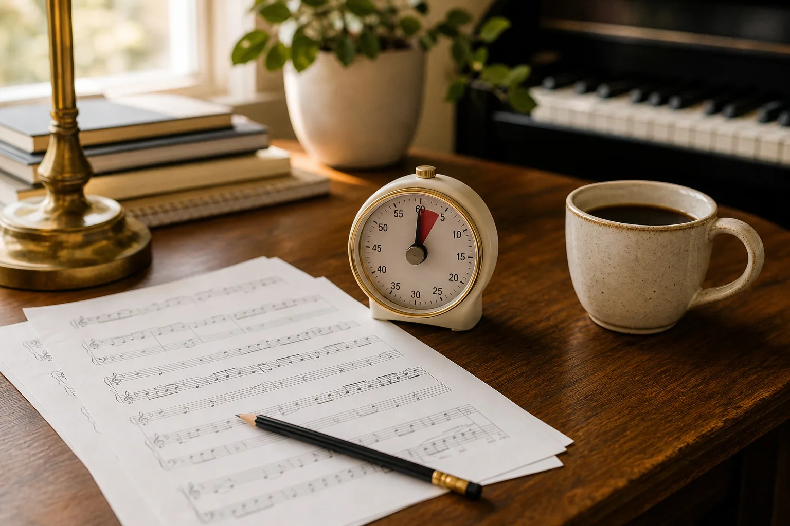 Practice timer and sheet music helping plan how often should a beginner practice piano each week