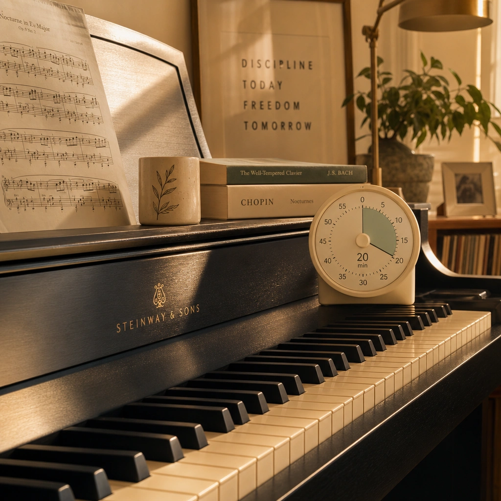 Piano with timer showing recommended beginner practice session length