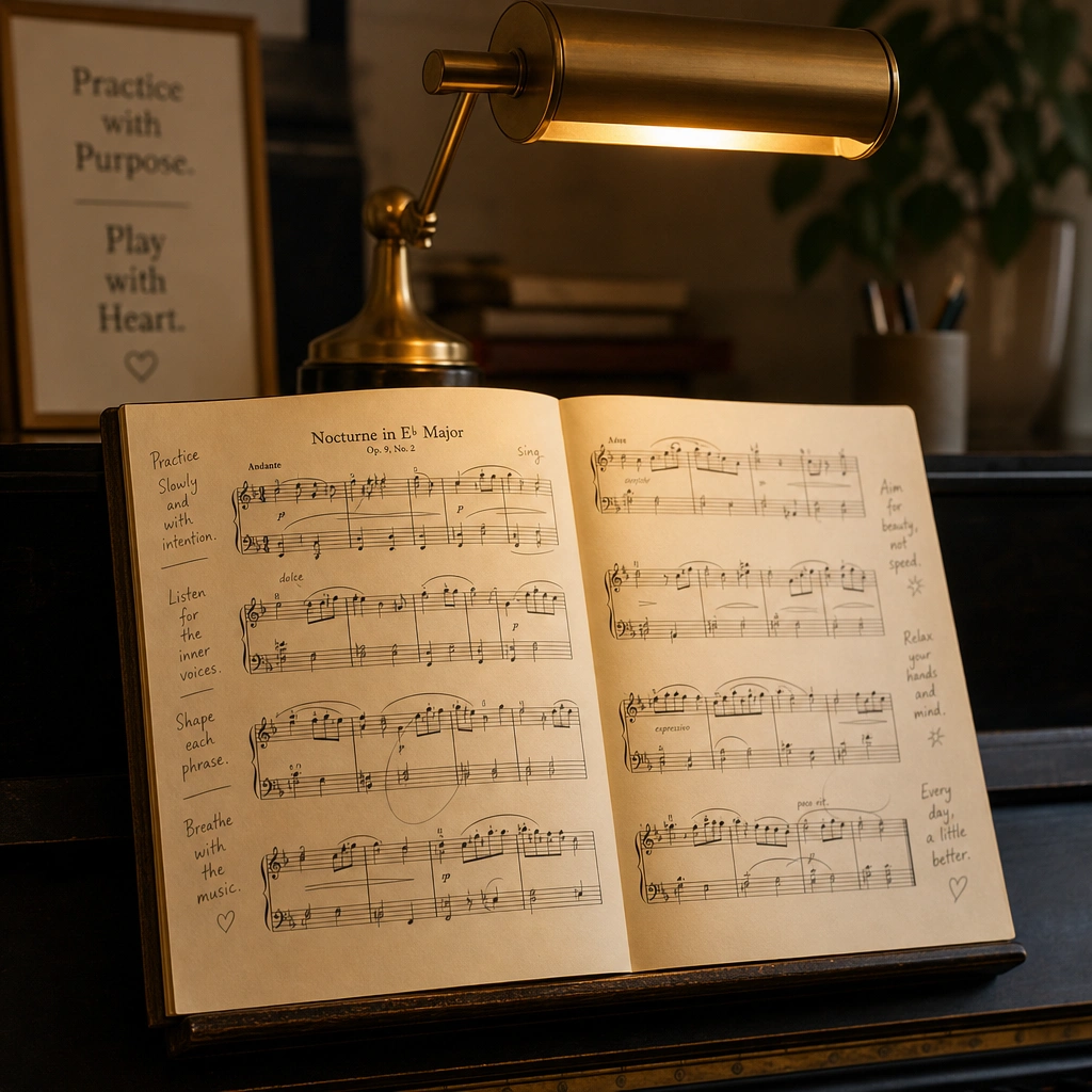 Piano sheet music with practice notes emphasizing quality focused practice