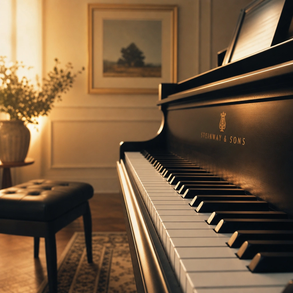 Piano keyboard in warm studio lighting for ear training practice