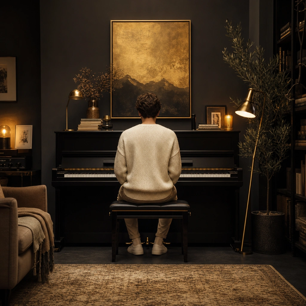 Piano student practicing music by ear in a comfortable studio environment