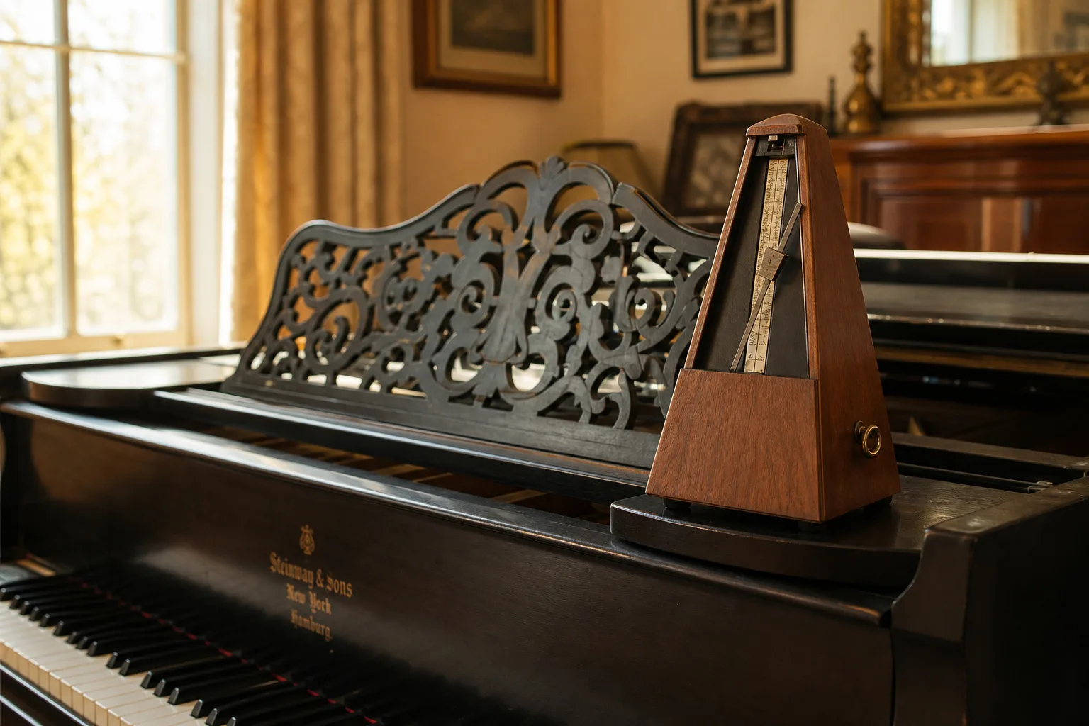 Classic mechanical metronome standing on top of a piano during practice session