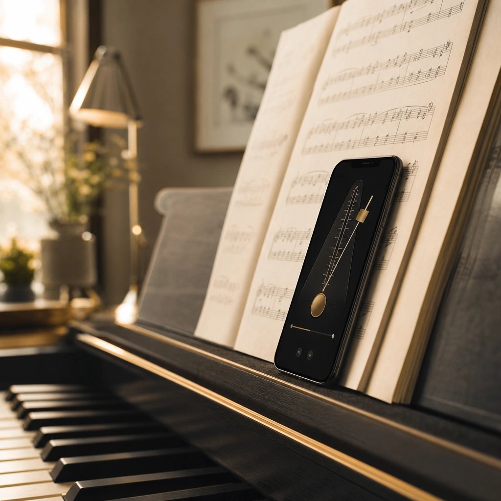 Metronome app on smartphone with piano sheet music for practice guidance
