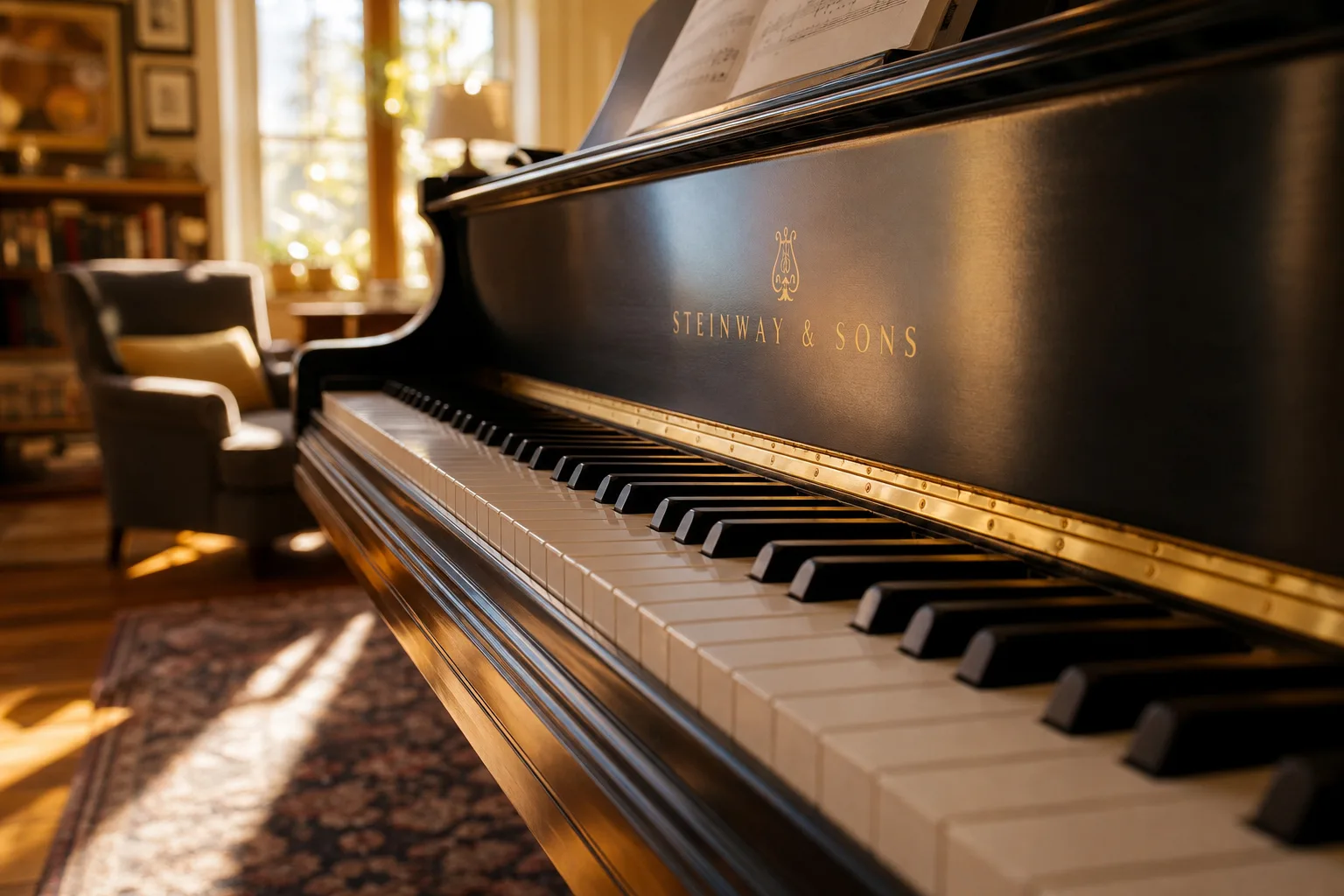 Piano keys in warm window light ready for left hand piano exercises five-finger practice
