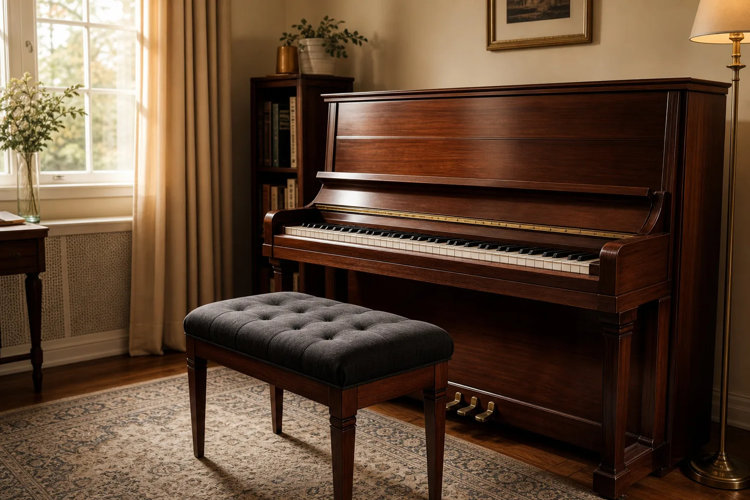 Empty piano bench in front of an upright piano ready for a left hand practice session
