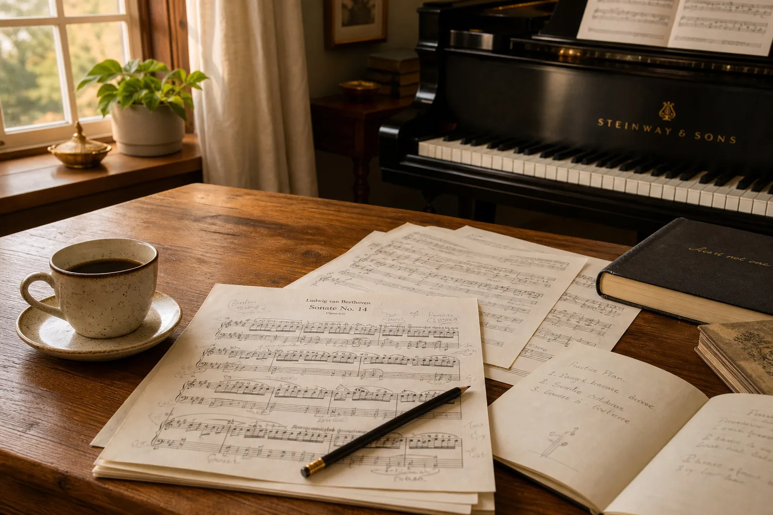 Sheet music, pencil and coffee on a wooden table for planning left hand chord practice