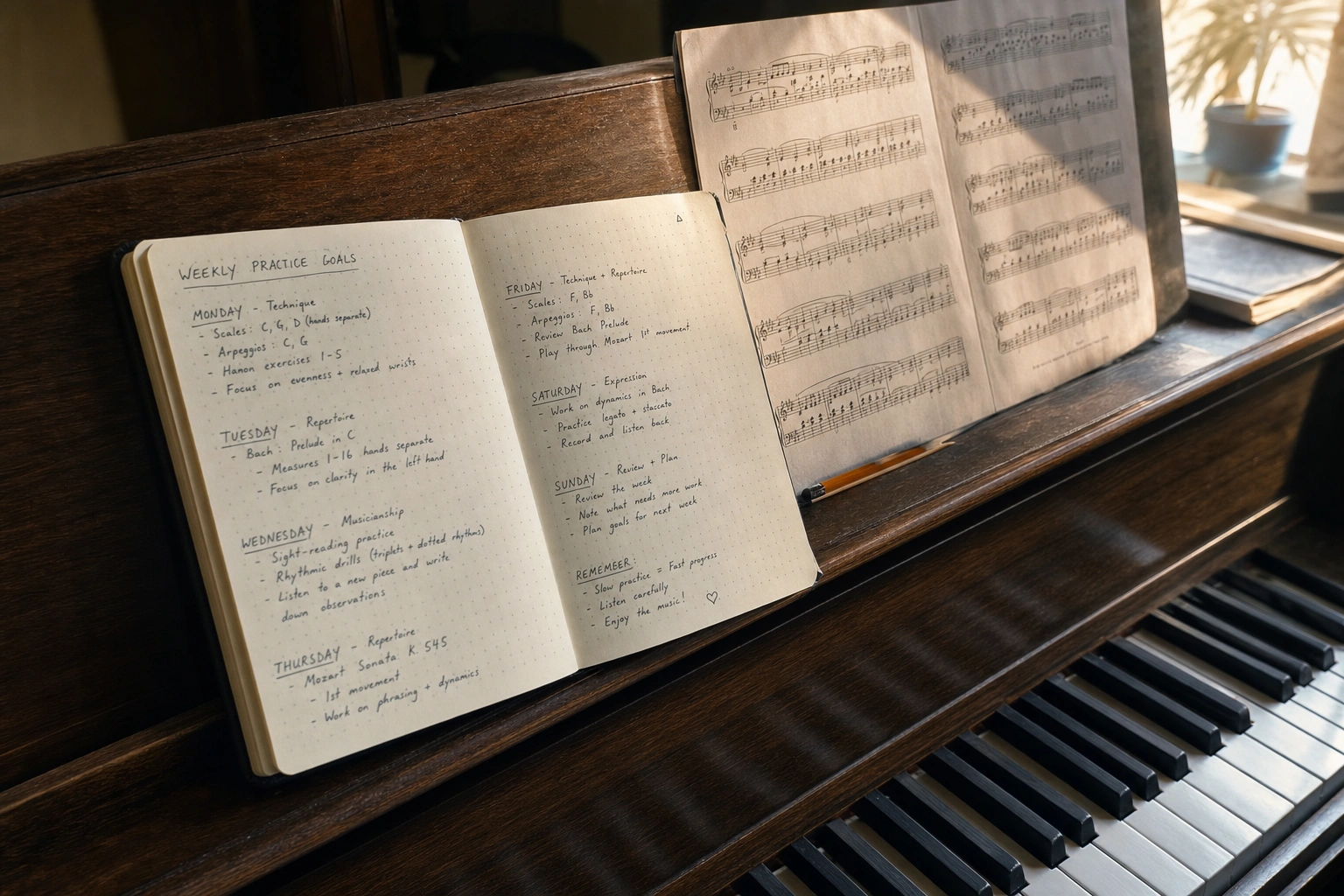 Personalized piano lesson plan with practice goals