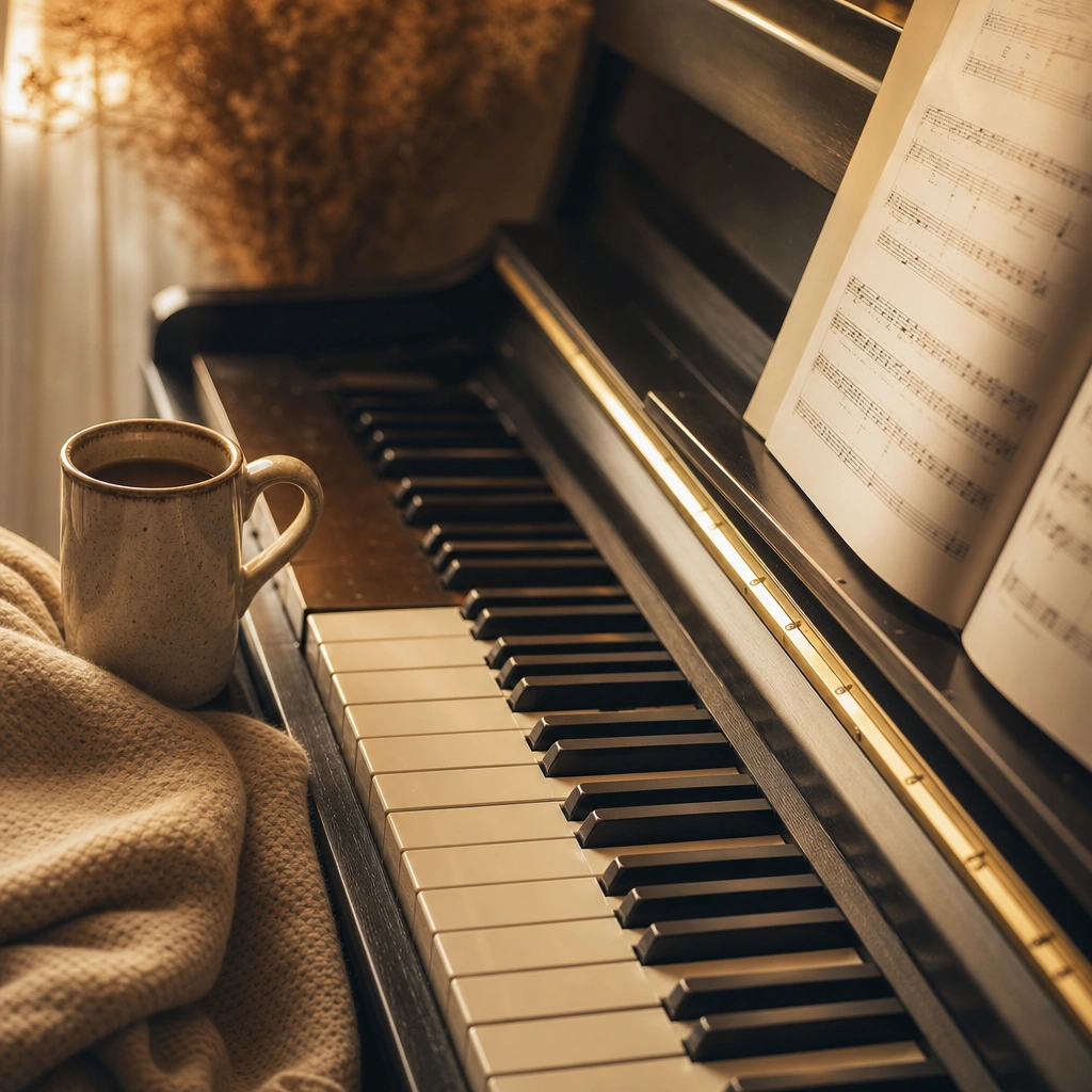 Using piano for stress relief with sheet music and warm morning light