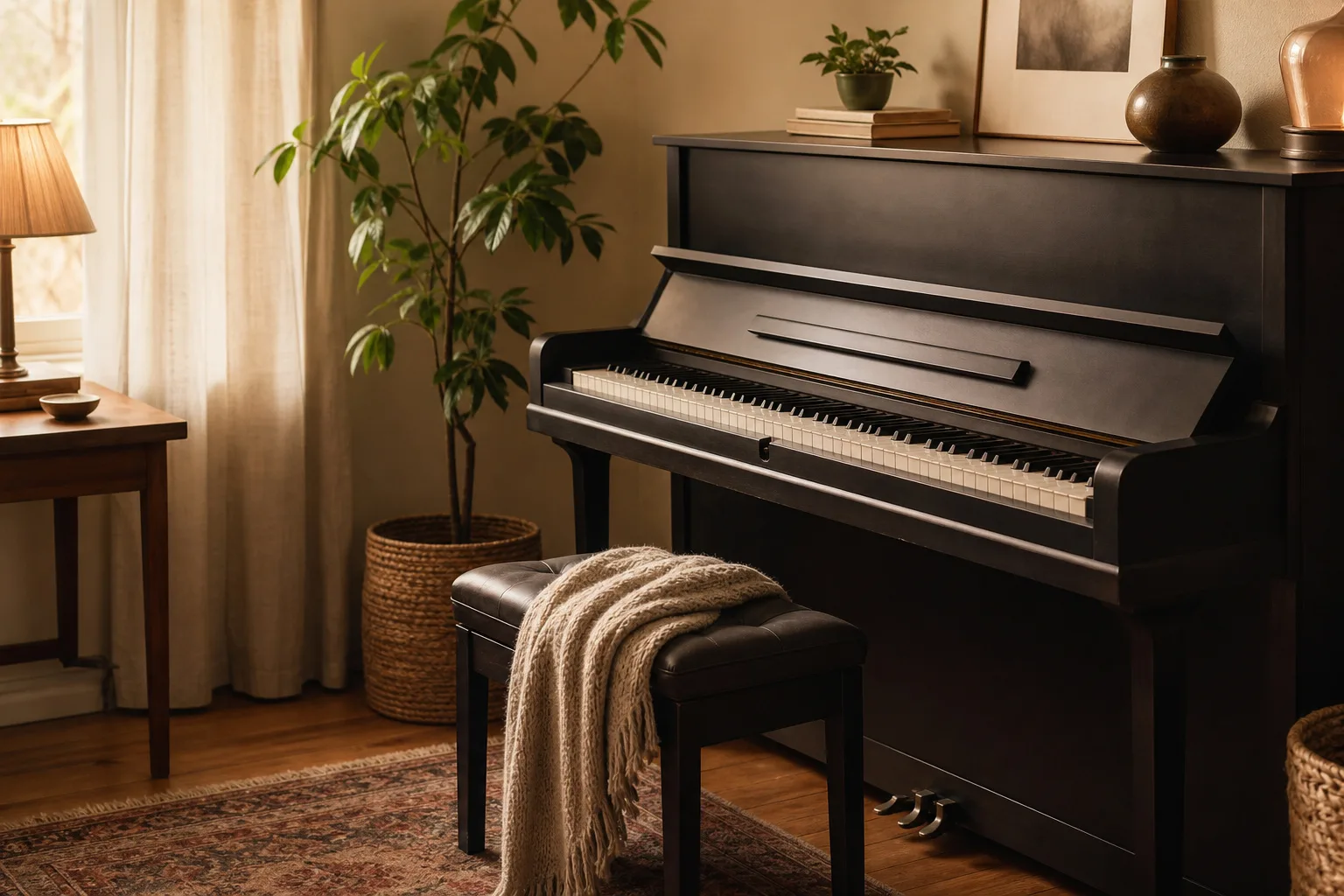 Cozy piano corner with empty bench and soft blanket designed for relaxation and stress relief