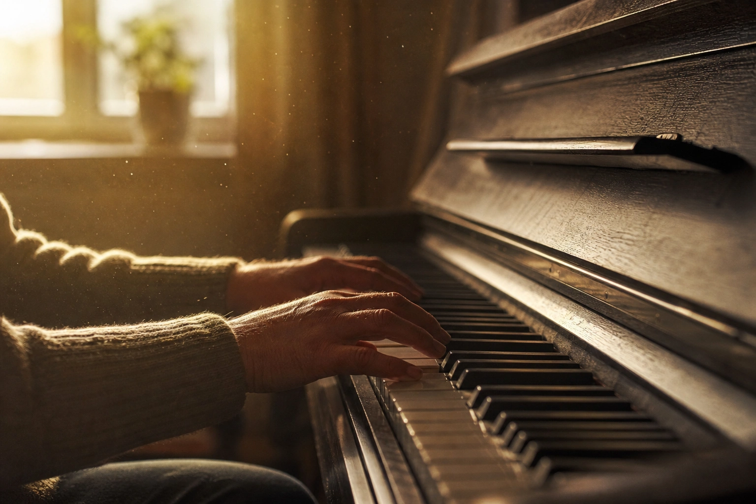 hands at the piano in warm light
