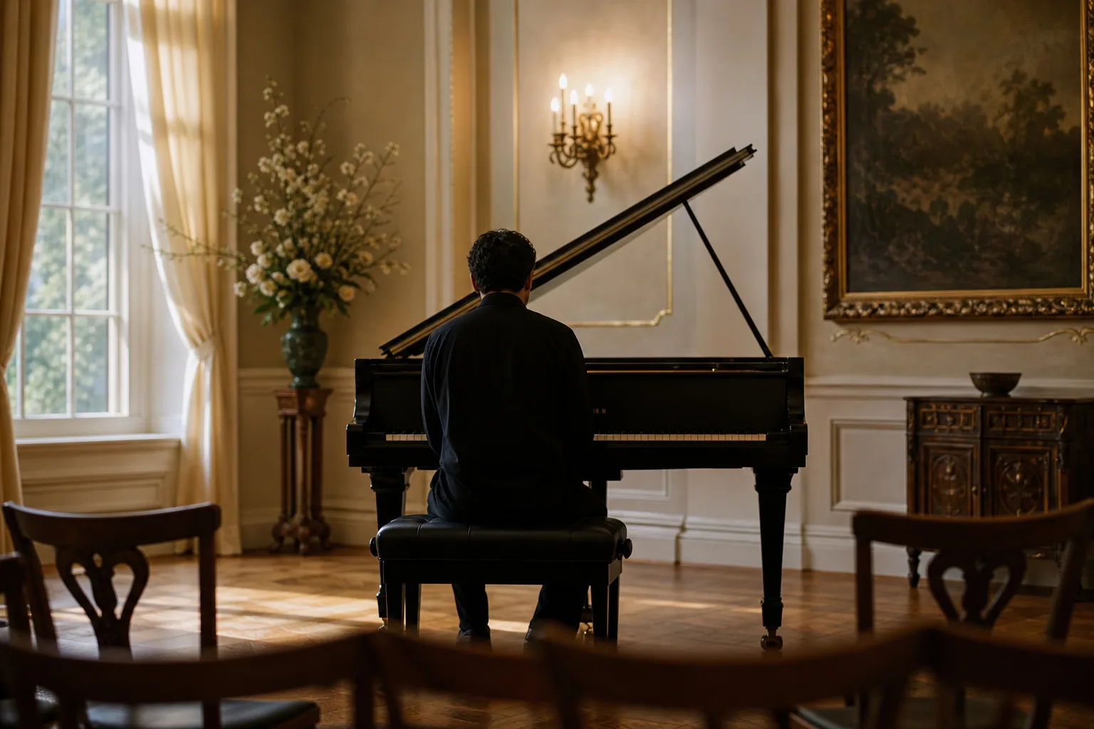 Pianist seated calmly at a grand piano viewed from behind while using piano performance anxiety relief techniques