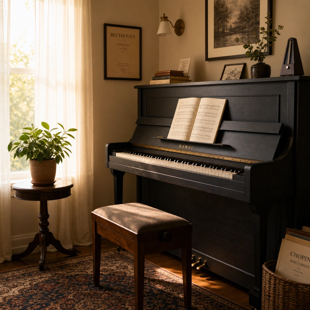 Cozy piano practice space where students prepare and overcome performance challenges