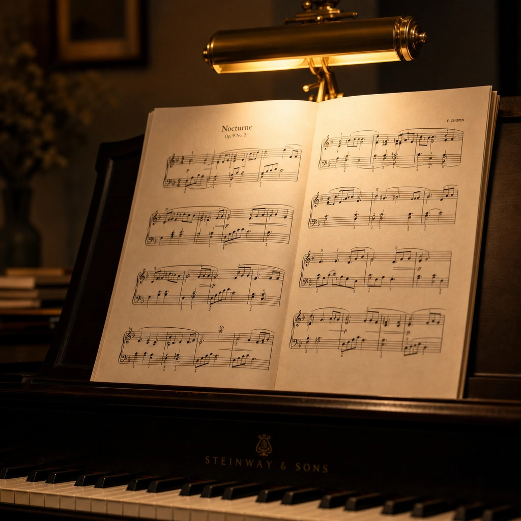 Sheet music on piano stand in peaceful studio setting for focused practice