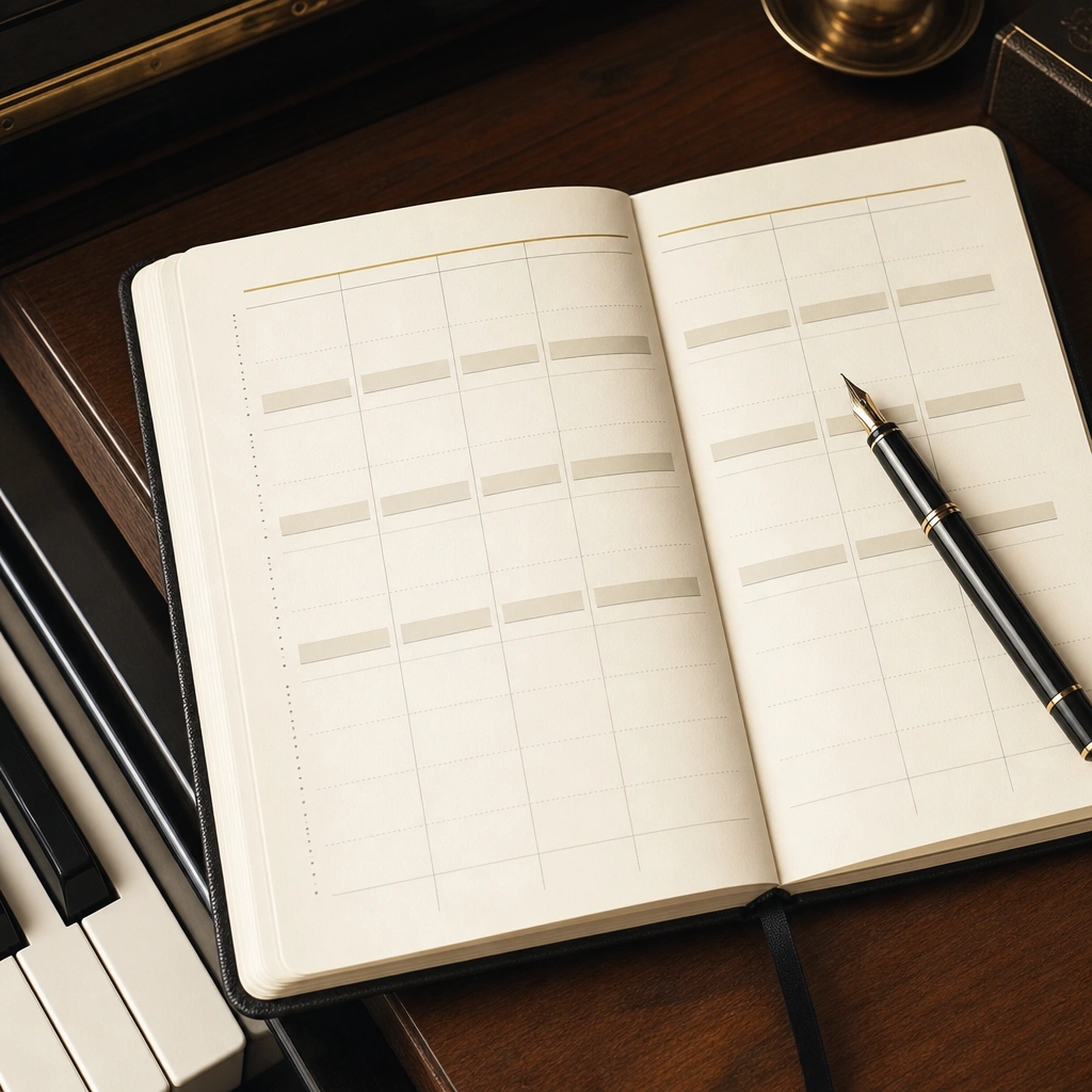 Weekly planner showing structured piano practice schedule for adults