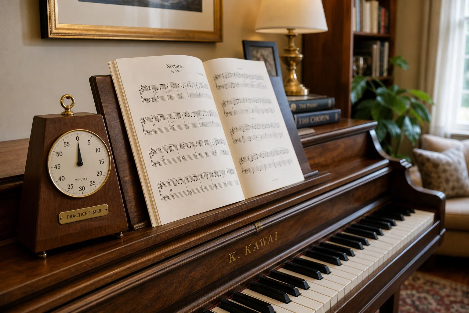 Practice timer and sheet music on a piano marking a focused piano practice schedule for adults