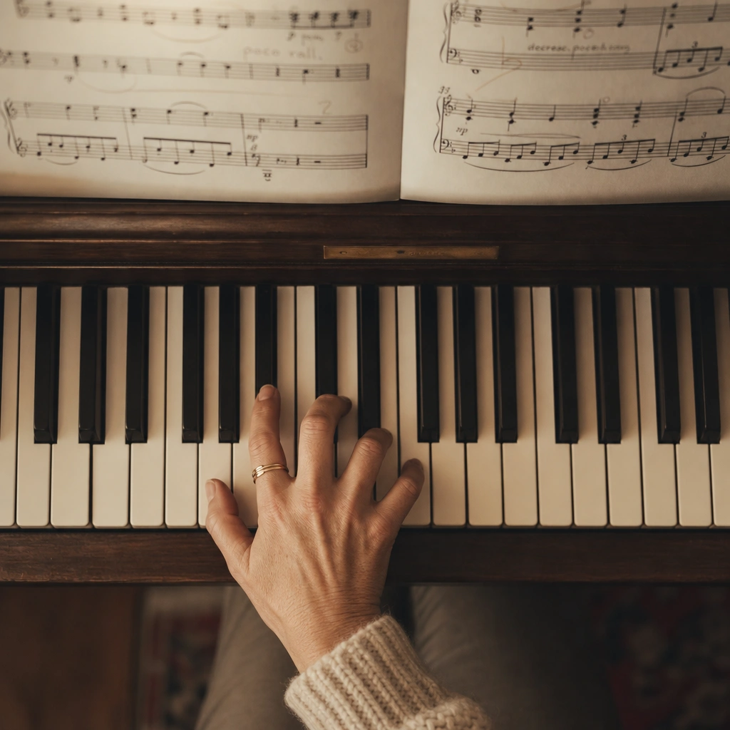 Close-up of piano practice session showing focused hand position and music