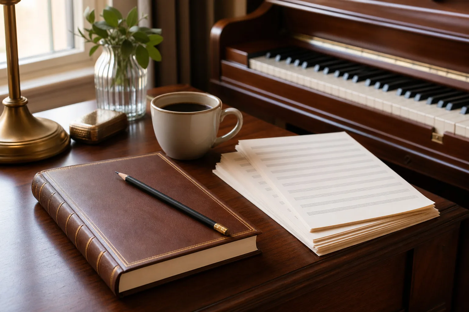 Leather practice journal, pencil and coffee beside a piano for tracking a piano practice schedule for adults