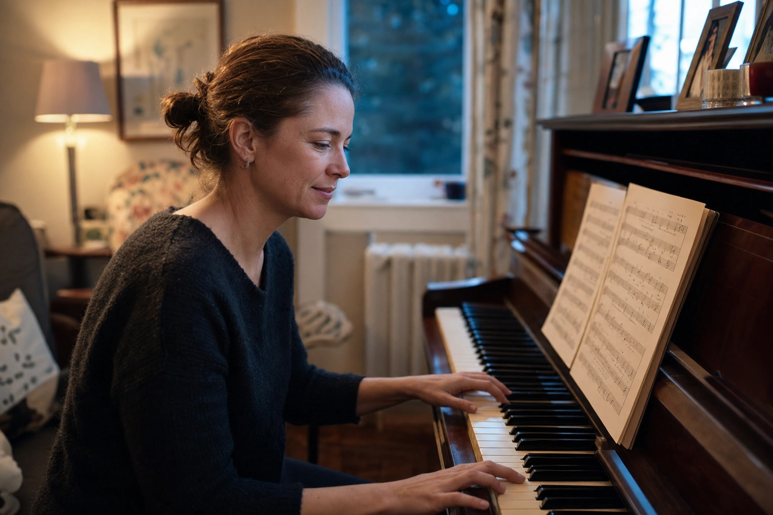 Adult student playing her dream song at the piano