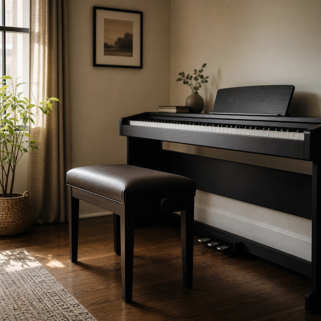 Piano practice space setup for learning on quality weighted keyboard