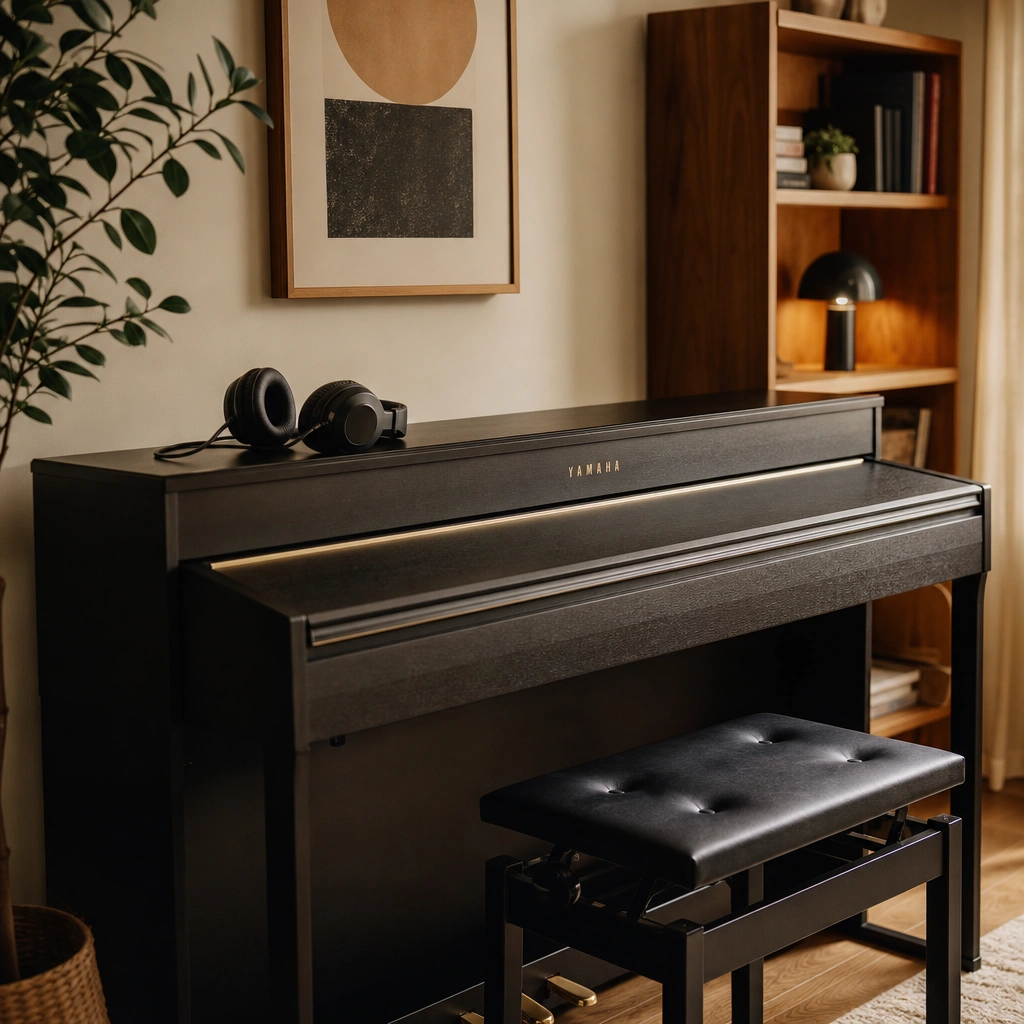 Digital piano with headphones ready for quiet practice session on weighted keys