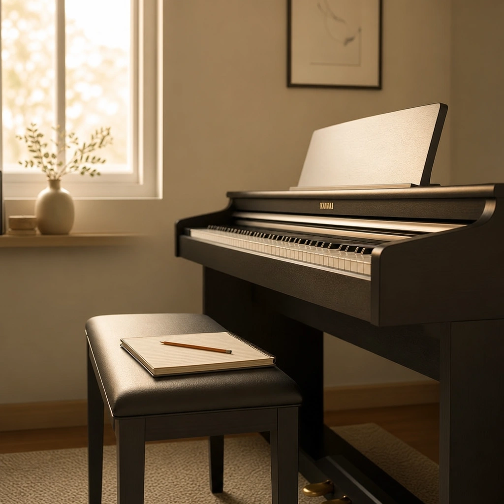 Piano bench prepared for what to expect first piano lesson session with notebook ready