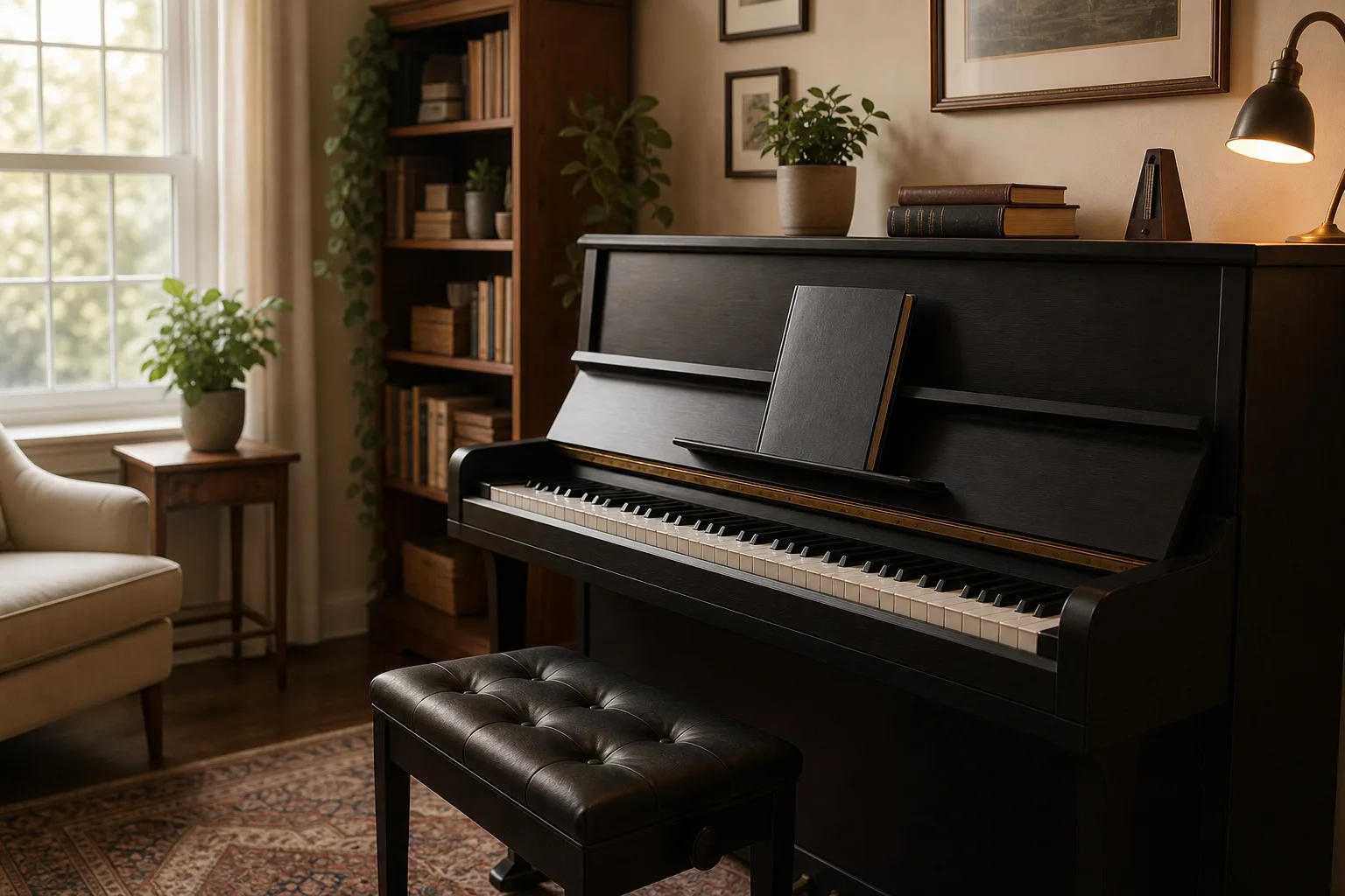 Upright piano and empty bench ready for a beginner during a first piano lesson
