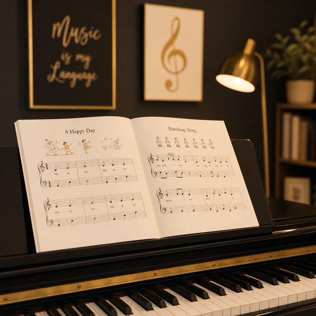 Beginner sheet music on piano stand during first lesson