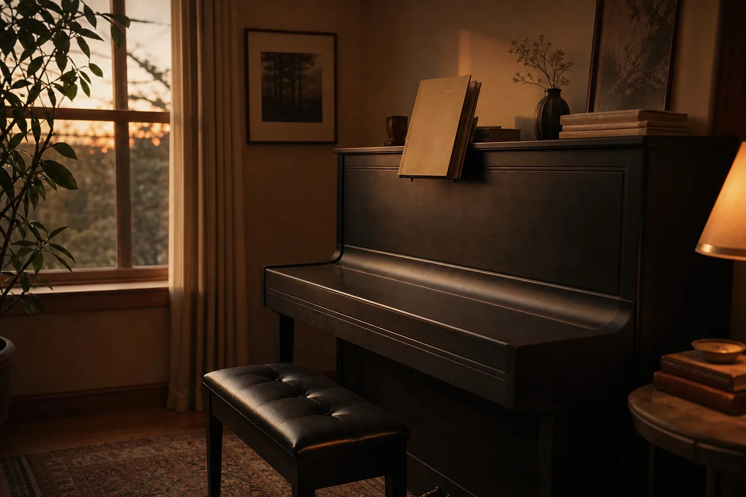 Quiet piano with closed key lid at dusk reflecting why students quit piano