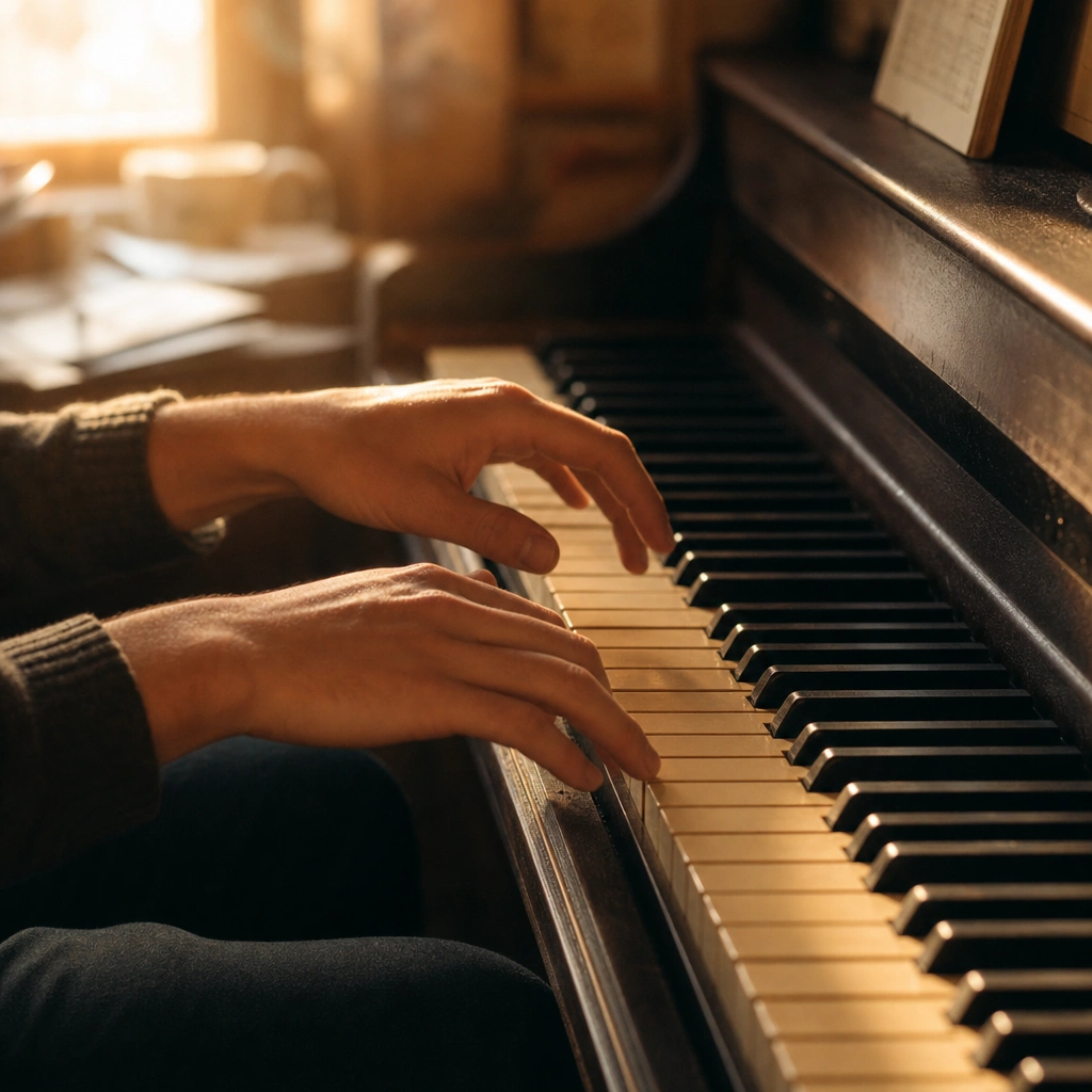 Piano student's hands hesitating at the keyboard exploring why students quit piano