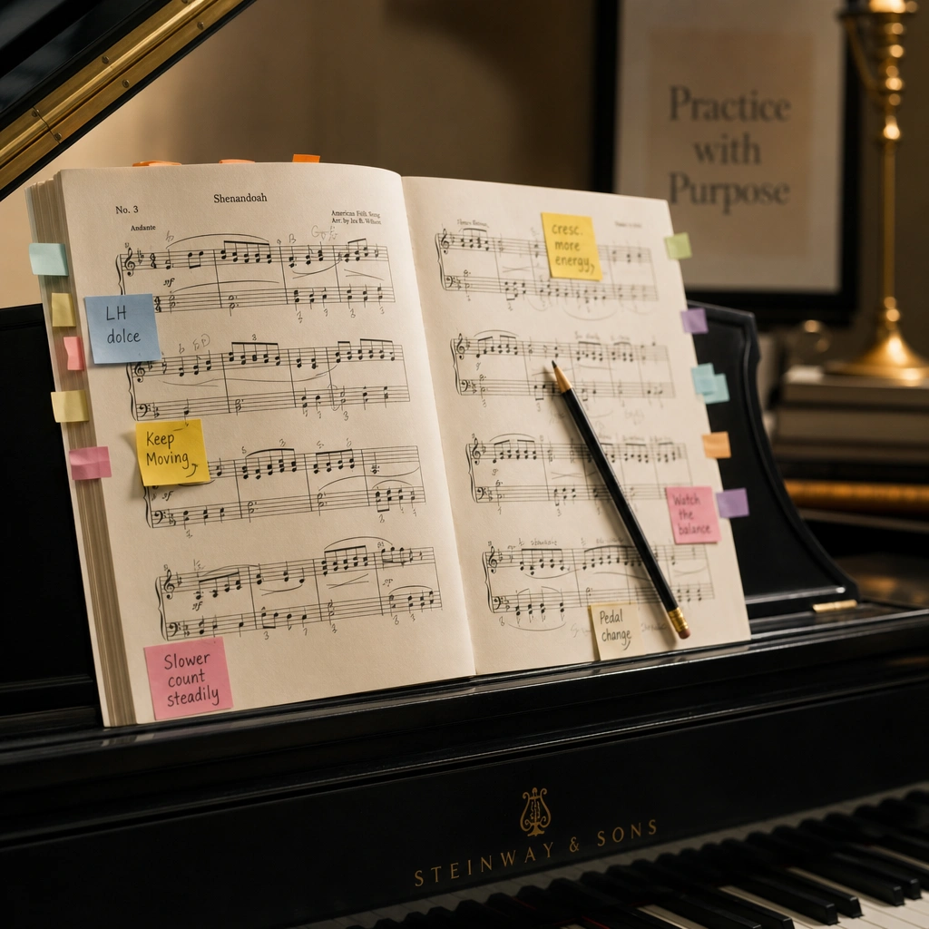 Organized sheet music and practice notes on piano showing effective learning strategies