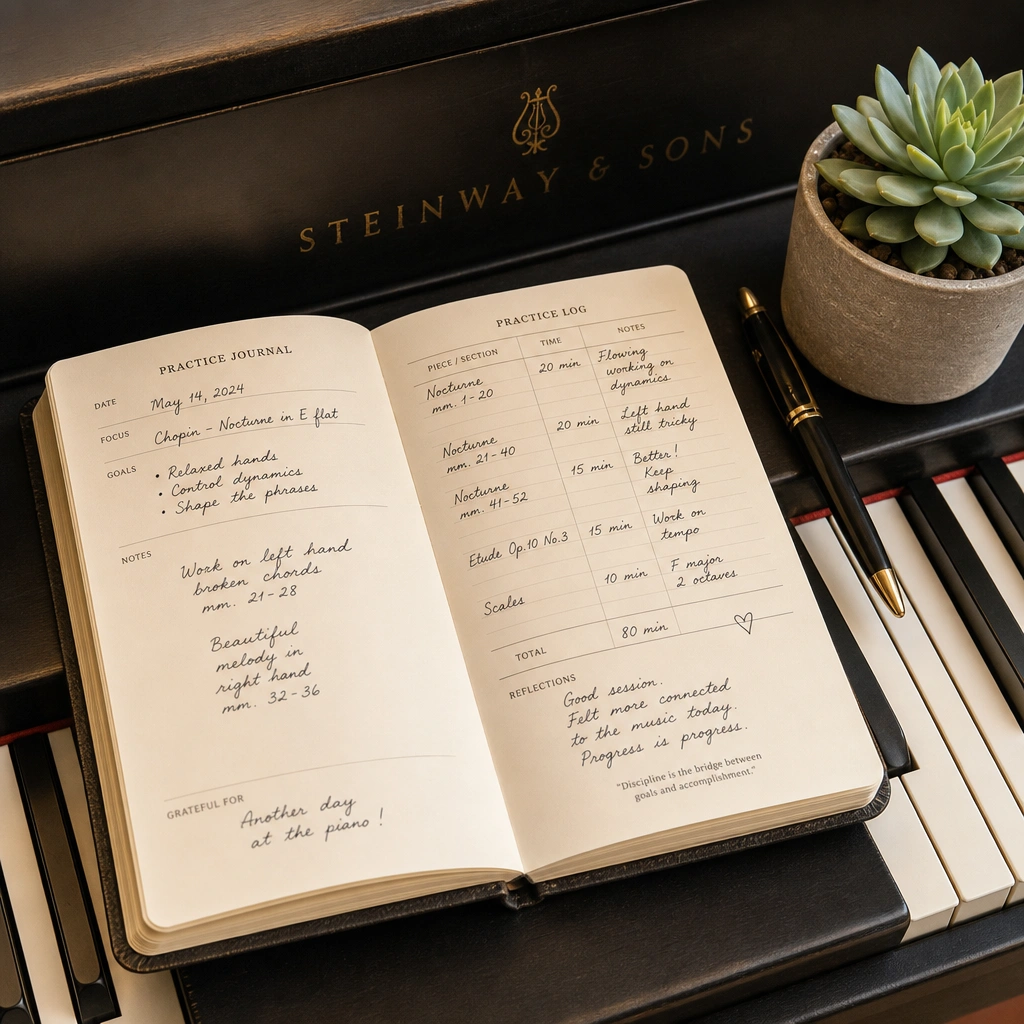 Piano practice journal and notebook showing consistent learning habits and progress tracking