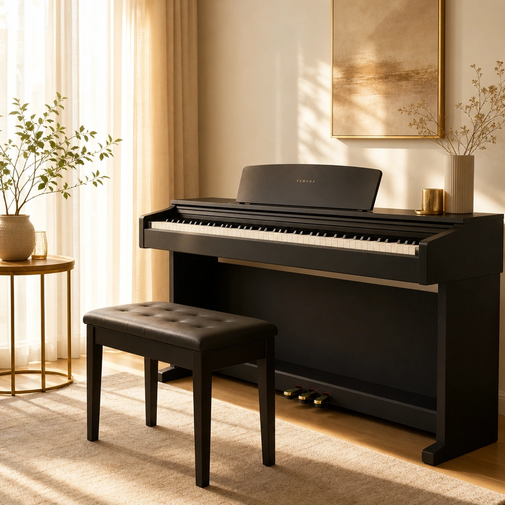 Empty piano bench and keyboard in a peaceful home setting, representing the question are online piano lessons worth it for adult learners