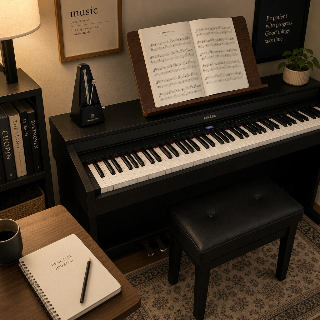Organized piano practice space with sheet music and metronome showing effective online piano lesson setup