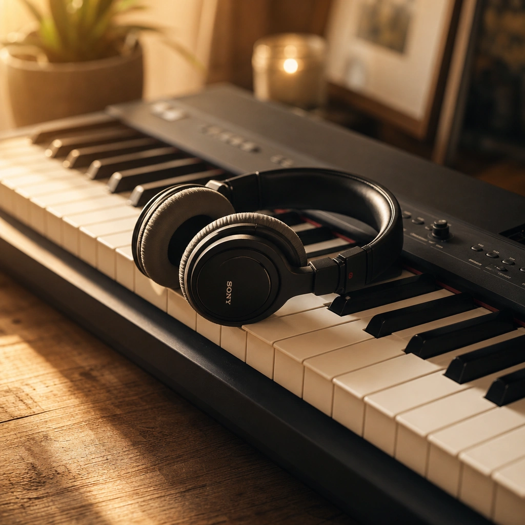 Digital piano with headphones for clear sound during online lessons, part of an effective remote learning setup