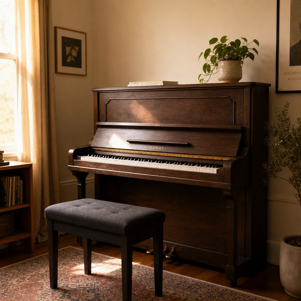 Empty piano in sunlit studio for learning basic music theory for piano