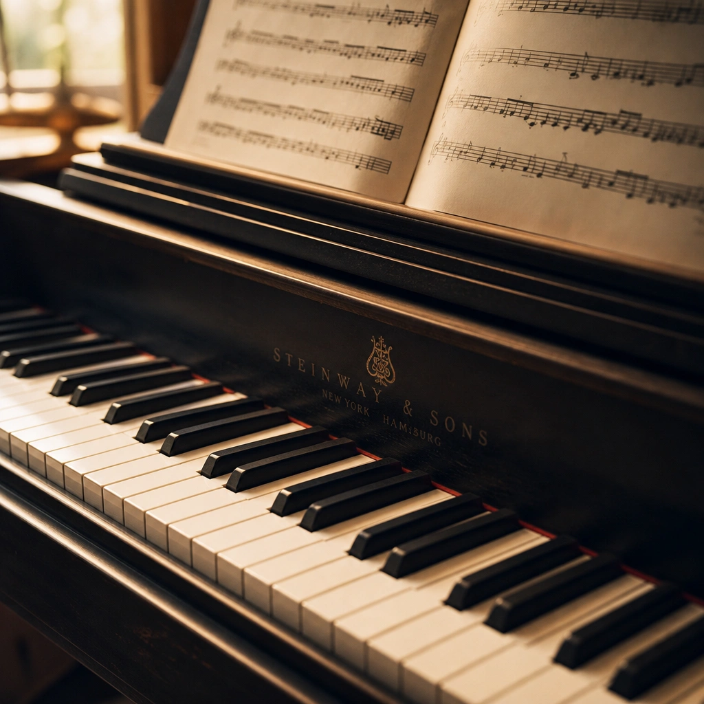 Piano keyboard with sheet music showing musical notes and theory concepts