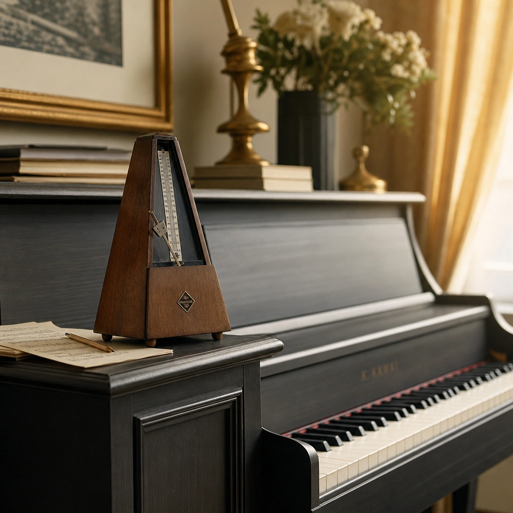 Metronome and sheet music on piano for practicing rhythm and music theory