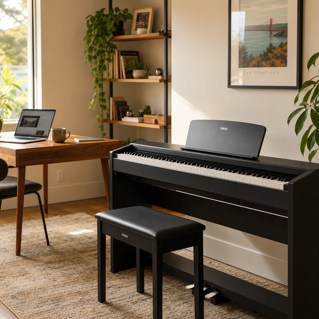 Home setup for online bay area piano lessons with digital piano and laptop