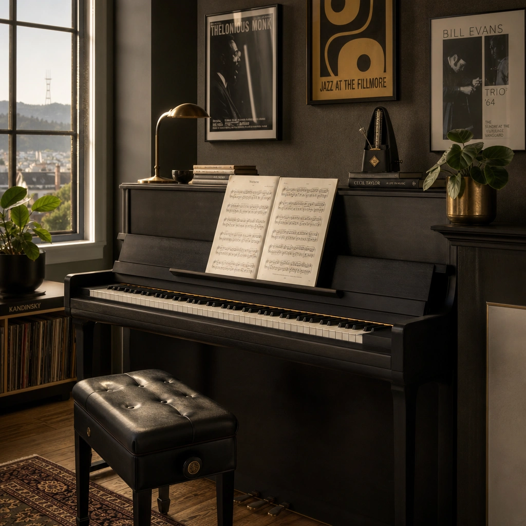 Acoustic piano in professional studio for in-person piano lessons in the Bay Area