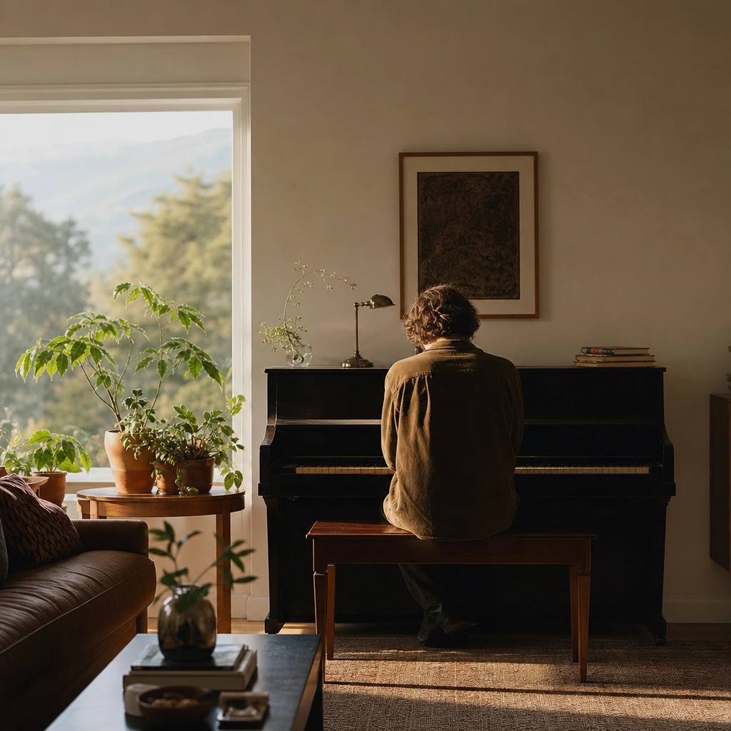 Student learning piano at home in comfortable Bay Area environment