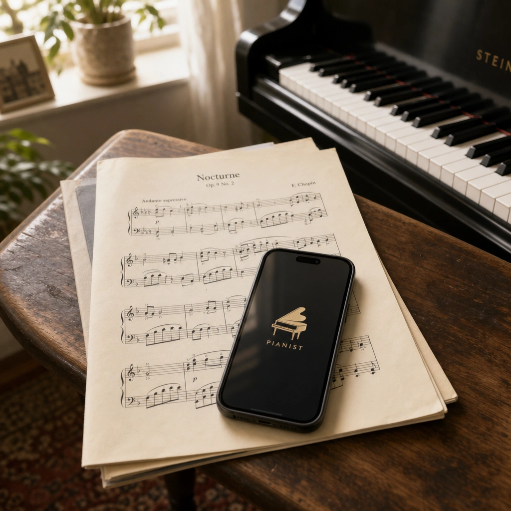 Sheet music and smartphone on piano bench illustrating do piano learning apps work comparison