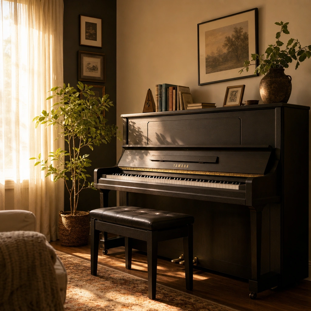 Empty piano in sunlit room representing traditional piano learning environment