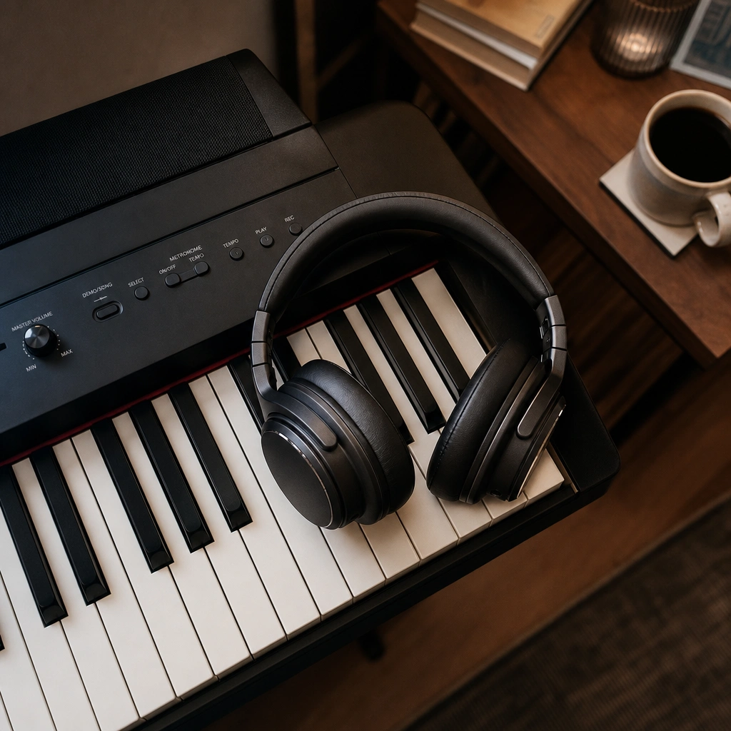 Headphones on digital piano keyboard for practice and app-based learning