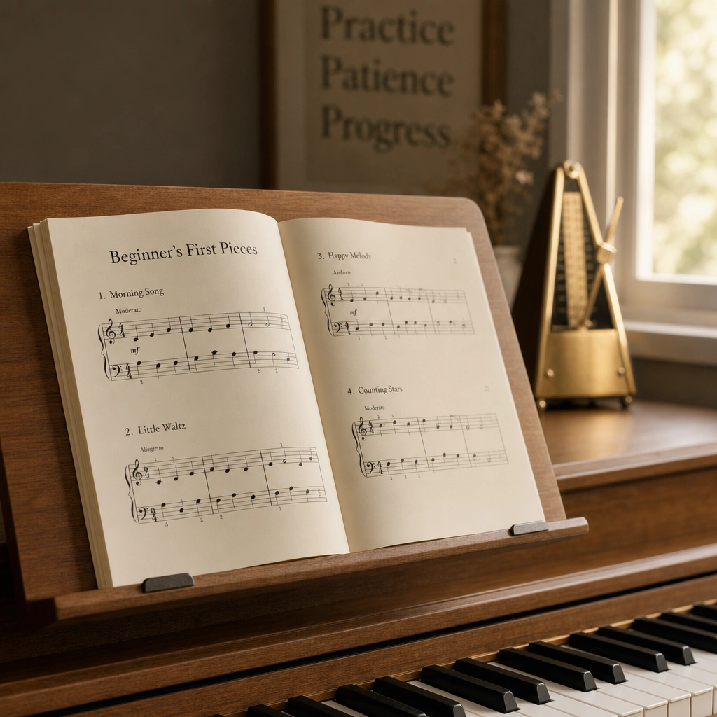 Sheet music for the easiest piano songs for beginners on a wooden music stand